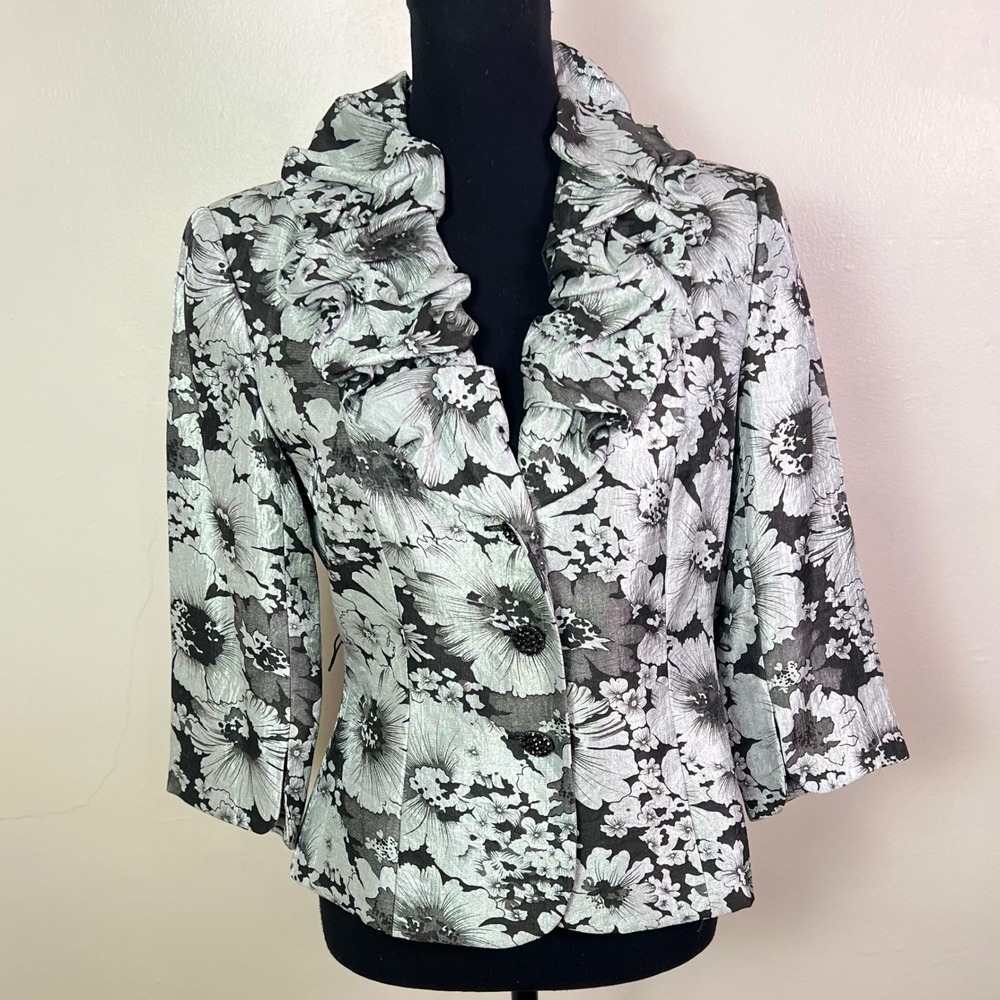 Adrianna Papell Evening Essentials Jacket 8 Silver Black Floral Ruffle Collar